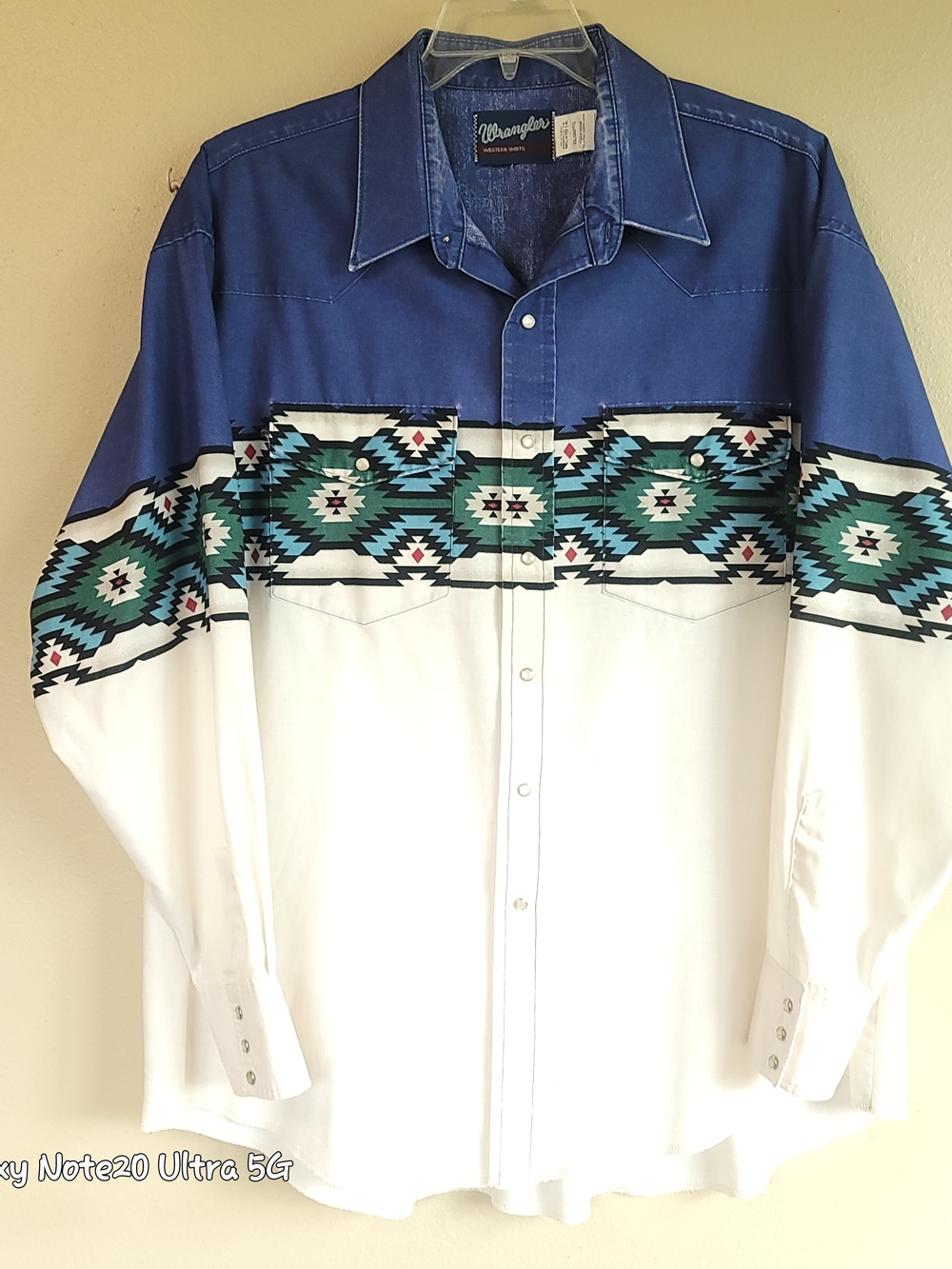 VINTAGE Wrangler Western Aztec Pearl Snap Shirt Blue White XXL